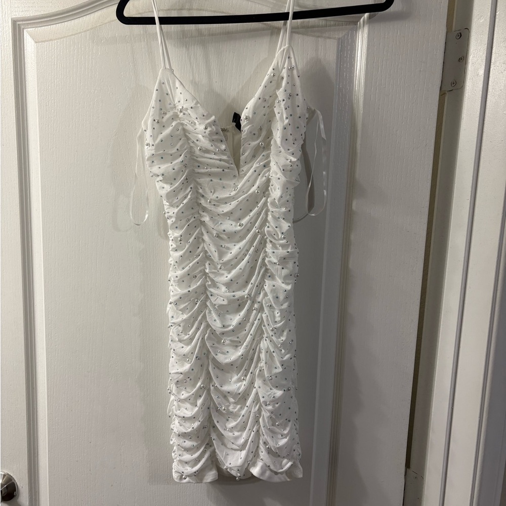 Windsor White Ruched Dress with Pearl Accents